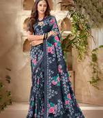 Dark Grey Printed Georgette Fancy Pallu Saree With Blouse