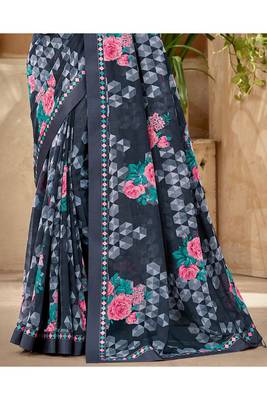 Dark Grey Printed Georgette Fancy Pallu Saree With Blouse 3