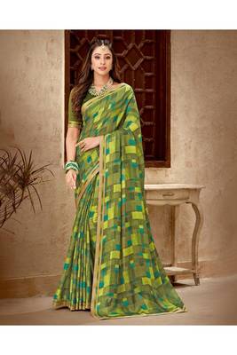 Dark Olive Printed Chiffon Fancy Pallu Saree With Blouse 1