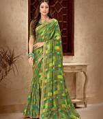 Dark Olive Printed Chiffon Fancy Pallu Saree With Blouse