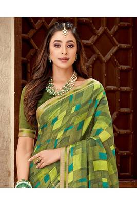 Dark Olive Printed Chiffon Fancy Pallu Saree With Blouse 2