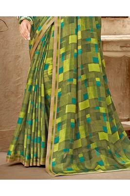 Dark Olive Printed Chiffon Fancy Pallu Saree With Blouse 3