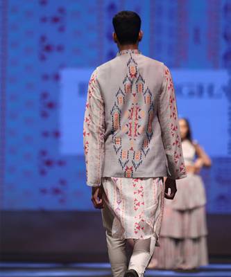 Printed Silkmul Kurta with Dupion Silk Bandi and Cotton Silk Churidar for Men 6
