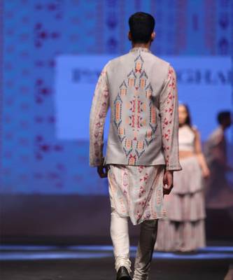 Printed Silkmul Kurta with Dupion Silk Bandi and Cotton Silk Churidar for Men 7