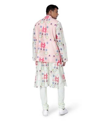 Pink Colour Printed Dupion Silk Bandi with White Colour Printed Silkmul Kurta and Off White Colour Cotton Silk Churidar 3