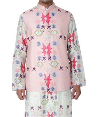 Pink Colour Printed Dupion Silk Bandi with White Colour Printed Silkmul Kurta and Off White Colour Cotton Silk Churidar 4
