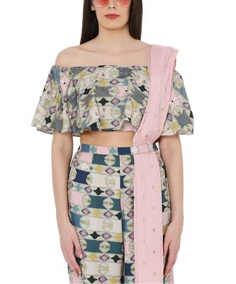 Green Colour Printed Cotton Rayon Off Shoulder Top with Jogger Pant and Rose Pink Colour Mukaish Abu Thai Dupatta 4