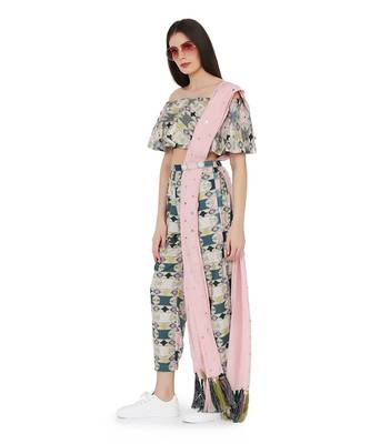 Green Colour Printed Cotton Rayon Off Shoulder Top with Jogger Pant and Rose Pink Colour Mukaish Abu Thai Dupatta 6