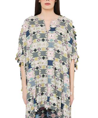 Green Colour Printed Cotton Rayon Oversized High-Low Kaftan Top with Navy Colour Printed Cotton Rayon Jogger Pant 5