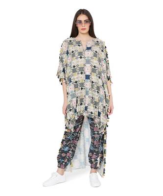 Green Colour Printed Cotton Rayon Oversized High-Low Kaftan Top with Navy Colour Printed Cotton Rayon Jogger Pant 1