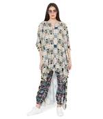 Green Colour Printed Cotton Rayon Oversized High-Low Kaftan Top with Navy Colour Printed Cotton Rayon Jogger Pant