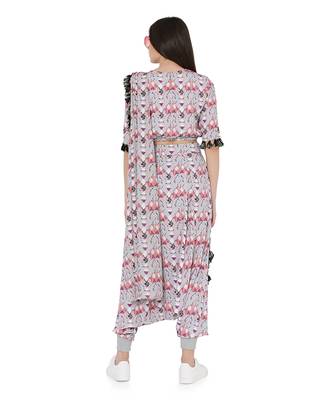 Grey Colour Printed Art Crepe Balloon Top and Low Crotch Pant with Attached Printed Art Georgette Drape Dupatta 3