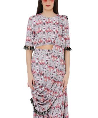 Grey Colour Printed Art Crepe Balloon Top and Low Crotch Pant with Attached Printed Art Georgette Drape Dupatta 4