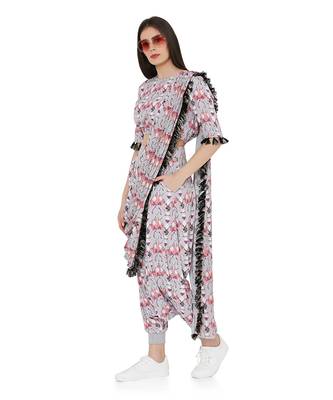 Grey Colour Printed Art Crepe Balloon Top and Low Crotch Pant with Attached Printed Art Georgette Drape Dupatta 5