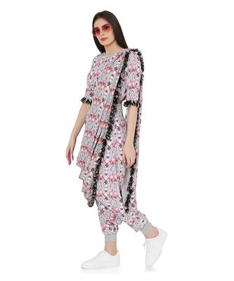 Grey Colour Printed Art Crepe Balloon Top and Low Crotch Pant with Attached Printed Art Georgette Drape Dupatta 6