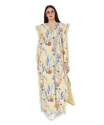 PS Pret by Payal Singhal Yellow Colour Printed Art Crepe Kigh Slit Kaftan 1
