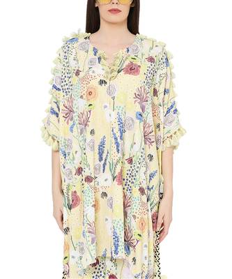 PS Pret by Payal Singhal Yellow Colour Printed Art Crepe Oversized Kaftan Top with Jogger Pant 4