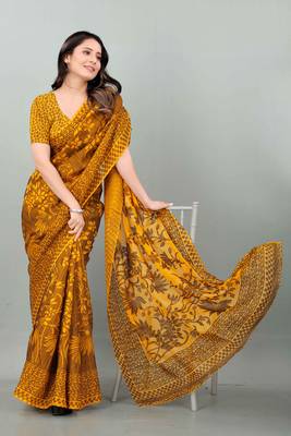 Mustard printed brasso saree with blouse 1