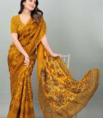 Mustard printed brasso saree with blouse