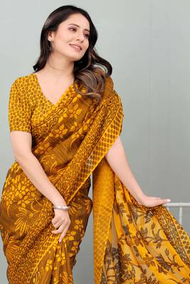 Mustard printed brasso saree with blouse 5