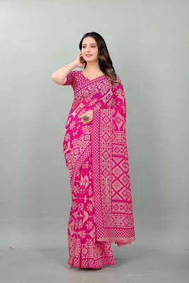 Pink printed brasso saree with blouse 1