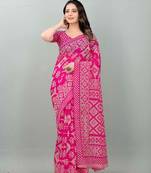 Pink printed brasso saree with blouse