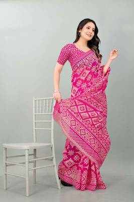 Pink printed brasso saree with blouse 3