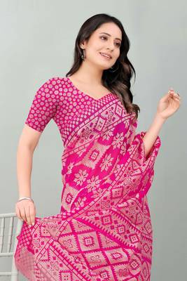 Pink printed brasso saree with blouse 5
