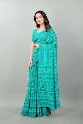 Green printed brasso saree with blouse 3