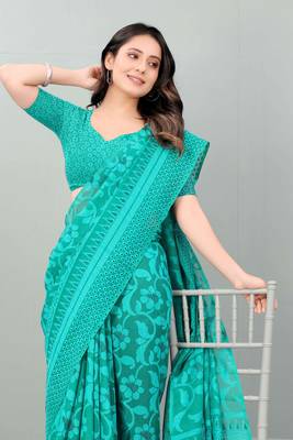Green printed brasso saree with blouse 5
