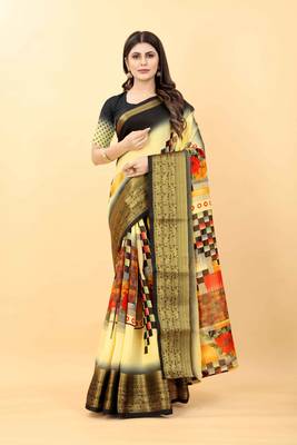 Yellow printed georgette saree with blouse 1