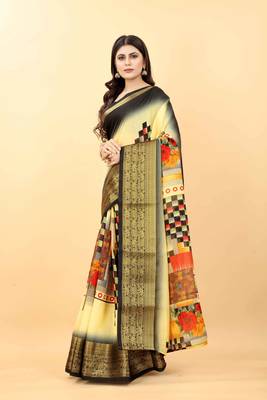 Yellow printed georgette saree with blouse 2
