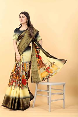 Yellow printed georgette saree with blouse 3