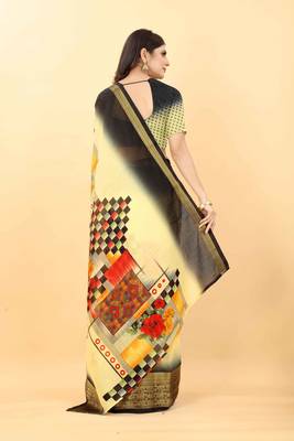 Yellow printed georgette saree with blouse 4