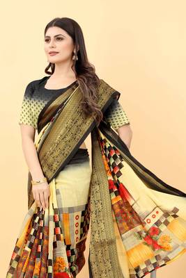 Yellow printed georgette saree with blouse 5