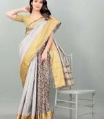 Grey plain manipuri silk saree with blouse