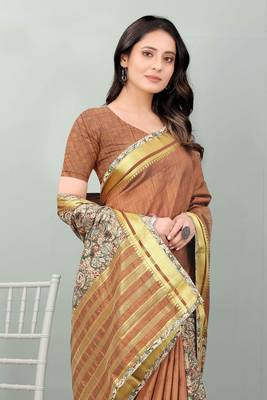 Brown plain manipuri silk saree with blouse 3