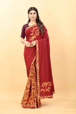 Red plain manipuri silk saree with blouse 1