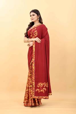 Red plain manipuri silk saree with blouse 2