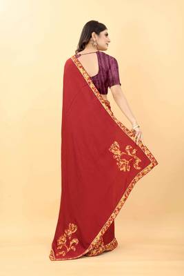 Red plain manipuri silk saree with blouse 3