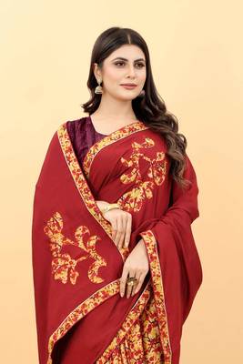Red plain manipuri silk saree with blouse 5