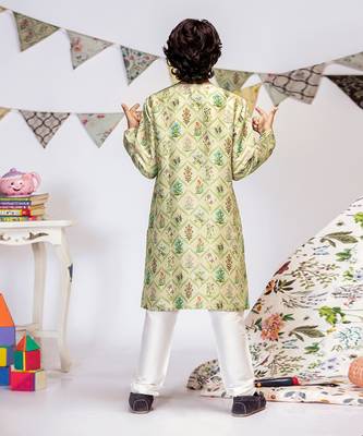 PS Kids by Payal Singhal Mint Printed Silk Kurta with Off white Cotton Silk Churidar 3