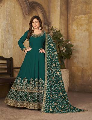 Teal thread embroidery georgette salwar 1