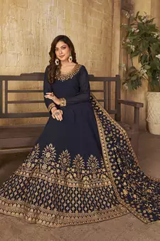 Navy-blue thread embroidery georgette salwar kameez