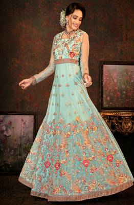 Turquoise Net Anarkali Salwar Kameez 2