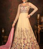 Cream Net Anarkali Salwar Kameez