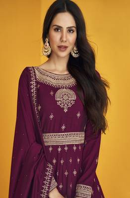  Sonam Bajwa Wine Georgette Embroidered Anarkali Salwar Kameez 3