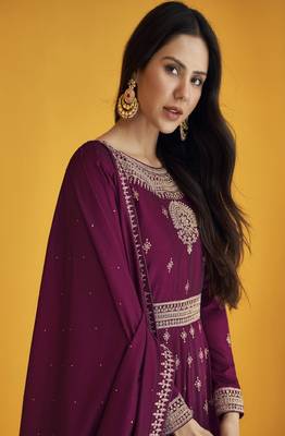  Sonam Bajwa Wine Georgette Embroidered Anarkali Salwar Kameez 4