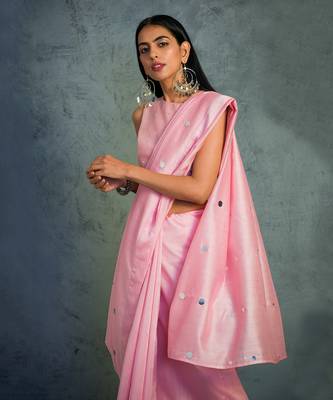 Pink Chanderi Saree With Sleeveless Blouse  5