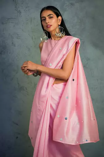 Pink Chanderi Saree With Sleeveless Blouse 